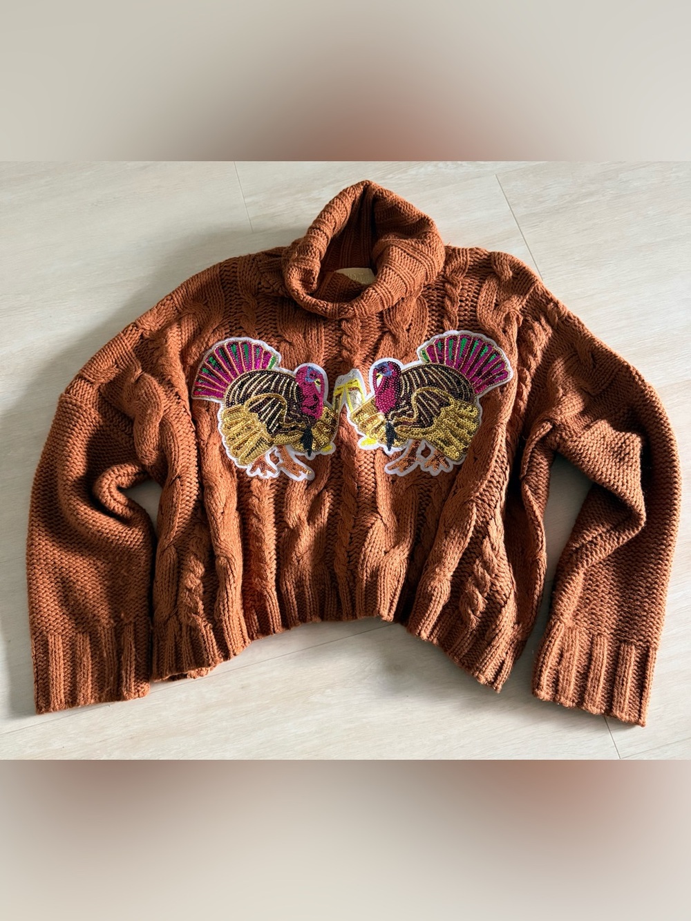 Vintage Judith March Cable Knit Turtleneck Oversized S Sweater Sequin Turkeys